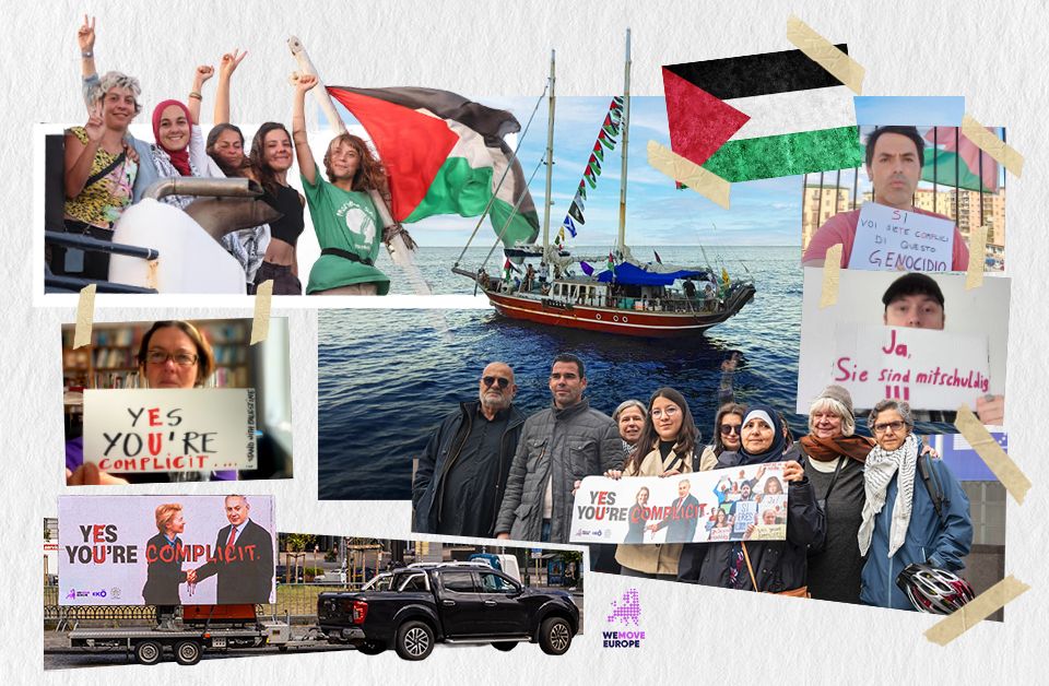  collage of images of a boat, activists of the flotilla, and a group of people in Brussels holding a banner that says “Yes, you’re complicit”.