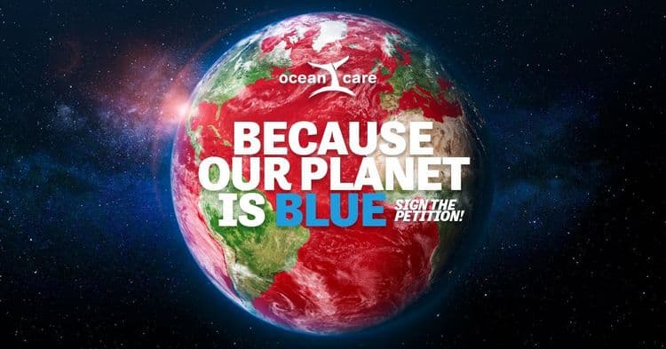 A red earth with the text "Becaus our planet is blue - Sign the petition"