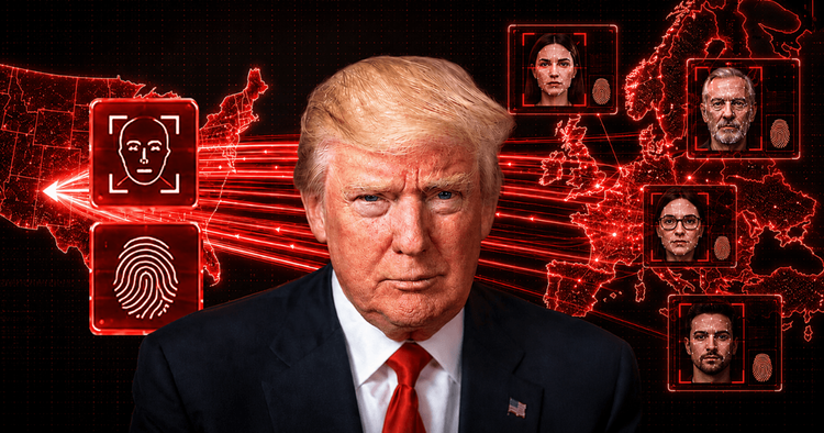 US president Donald Trump on background of graphic showing fingerprints and photos of people