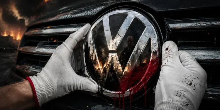 Person's hands with gloves adjusting Volkswagen logo on the front hood of a VW car. In the reflection of the logo you can see fires and military activity - an image of war.
